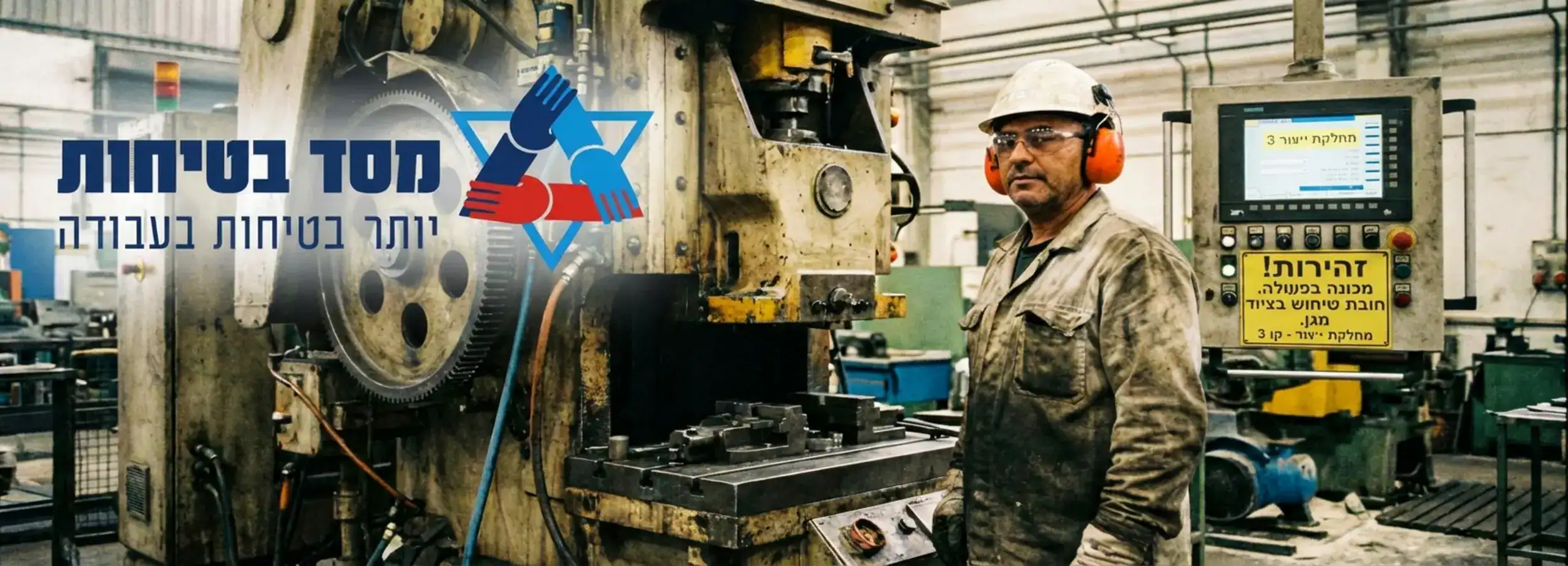 תמונה ריאליסטית של עובד מפעל עם קסדת בטיחות מרכיב אוזניות מגן בצבע כתום זוהר, עומד ליד מכונה תעשייתית גדולה