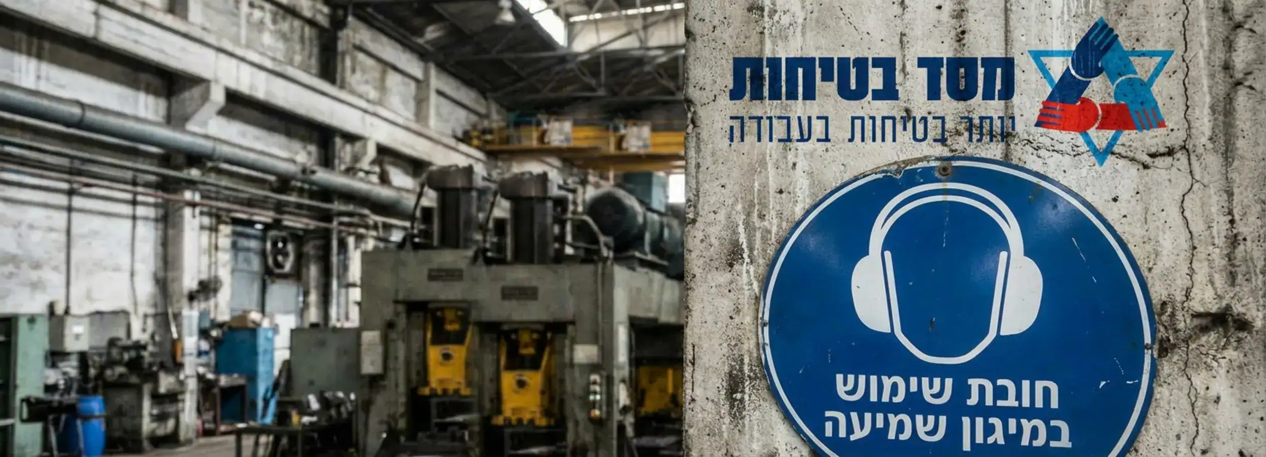 איור של תמרור בטיחות כחול עגול ובו סמל של אוזניות, התלוי על קיר בטון במפעל, המורה על חובת השימוש במיגון שמיעה