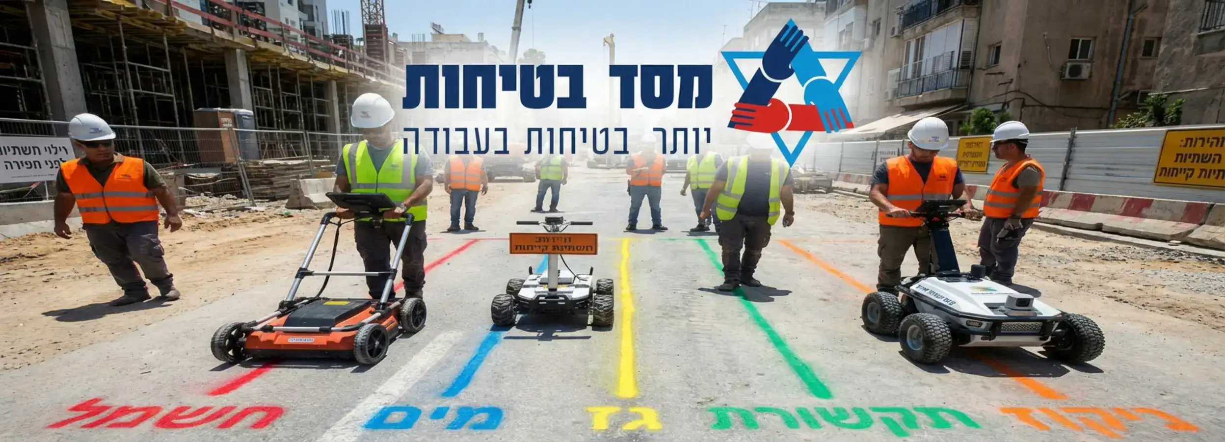 תמונה המציגה פועלים מבצעים גילוי תשתיות עם מכשור מתקדם וסימון צבעוני על הקרקע לפני החפירה