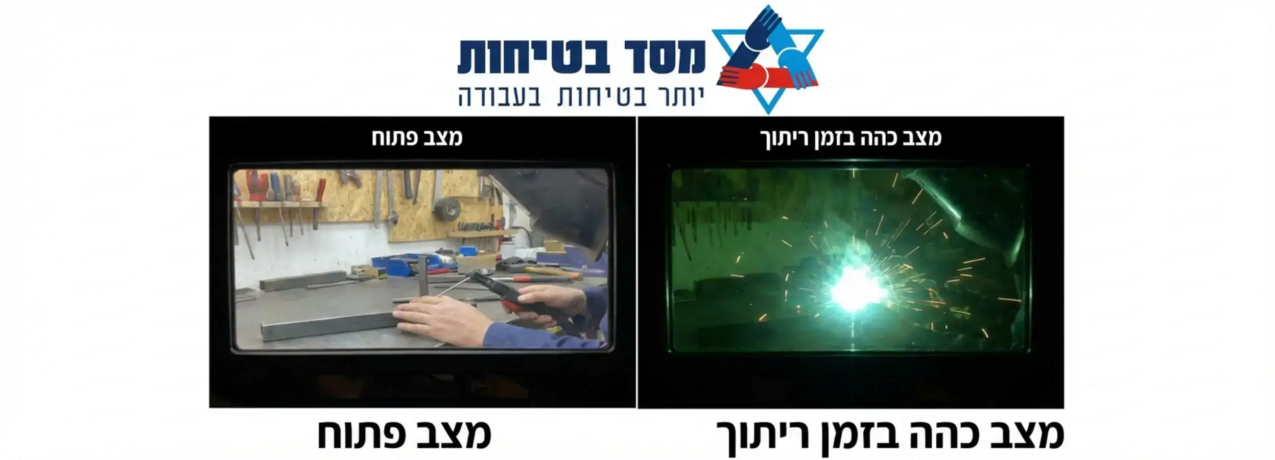 תמונה הממחישה את ההבדל בין ראייה דרך מסכת ריתוך אלקטרונית במצב פתוח לעומת מצב כהה בזמן הריתוך