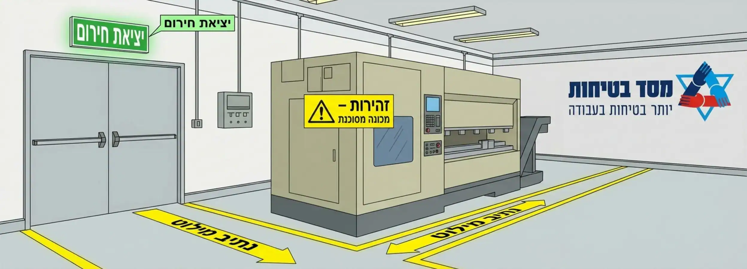 תרשים של חלל עבודה המדגים מיקומים שונים של שלטים: שלט יציאת חירום מעל הדלת, שלט אזהרה בגובה העיניים ליד מכונה, וסימון נתיב מילוט על הרצפה