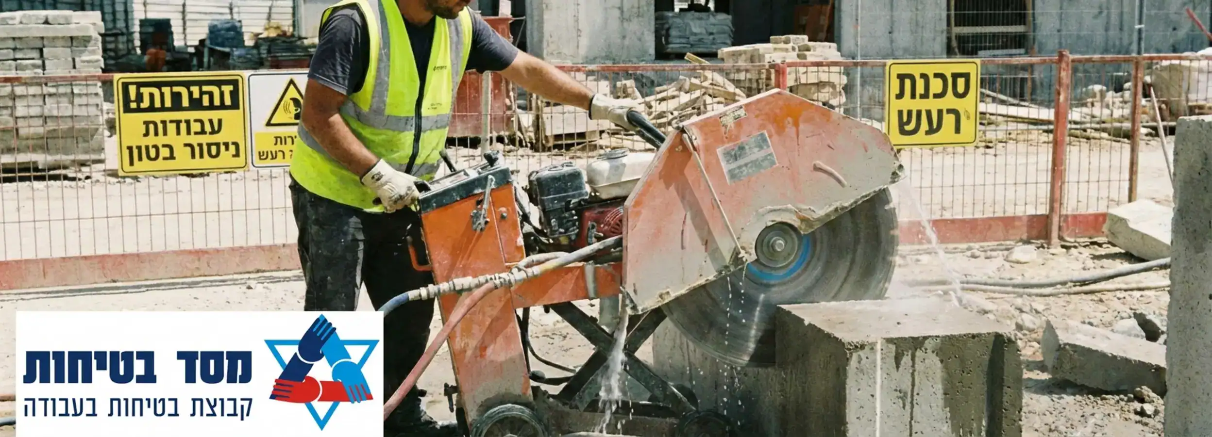 פועל בניין מבצע ניסור בטון באמצעות מסור המחובר למערכת מים שמתיזה על הלהב ומונעת אבק