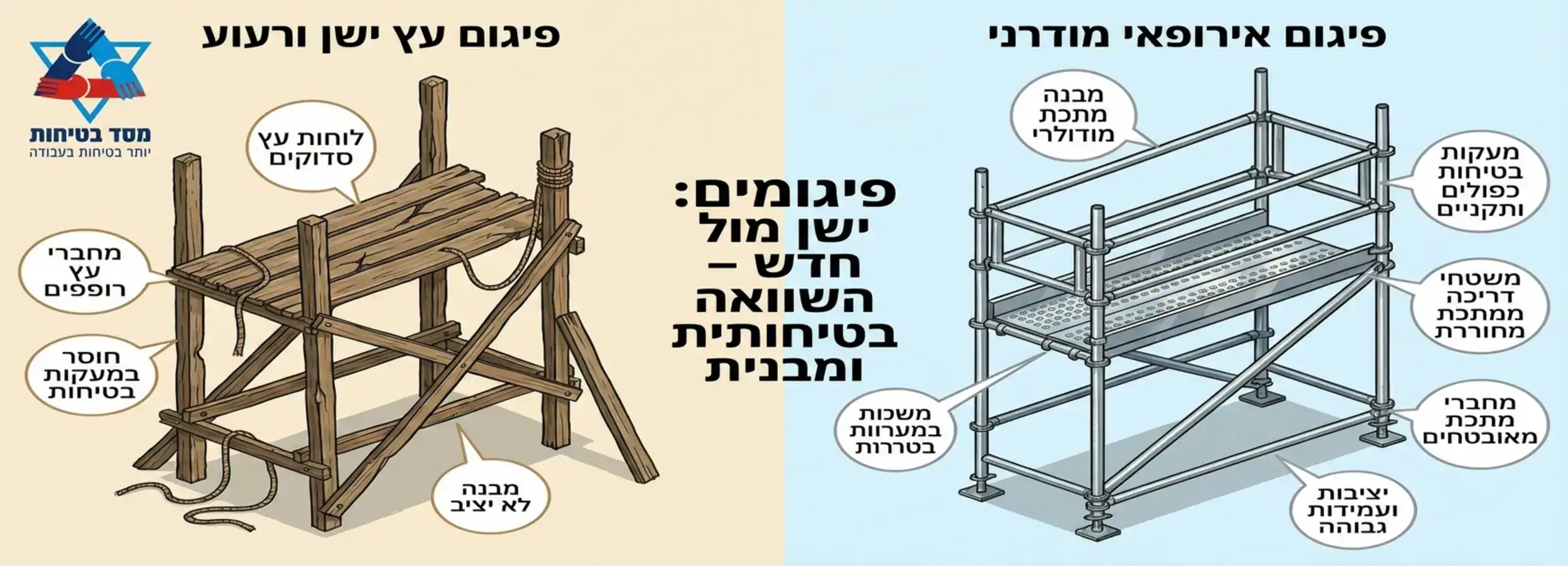 אינפוגרפיקה המשווה בין פיגום עץ ישן ורעוע לבין פיגום אירופאי מודרני עם דגשים על חלקי המתכת והמעקות