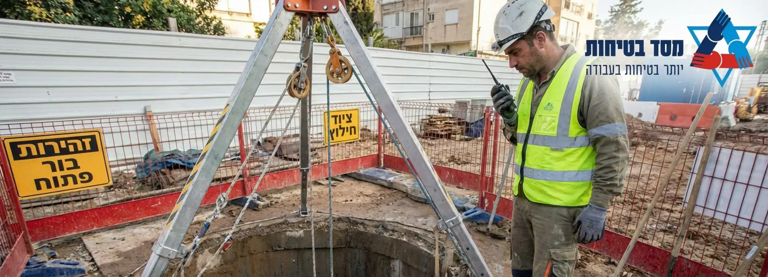 תמונה ריאליסטית של עובד לבוש ווסט זוהר וקסדה עומד ליד בור פתוח עם מכשיר קשר ביד, מביט פנימה, כאשר מעל הבור מוצבת חצובת חילוץ