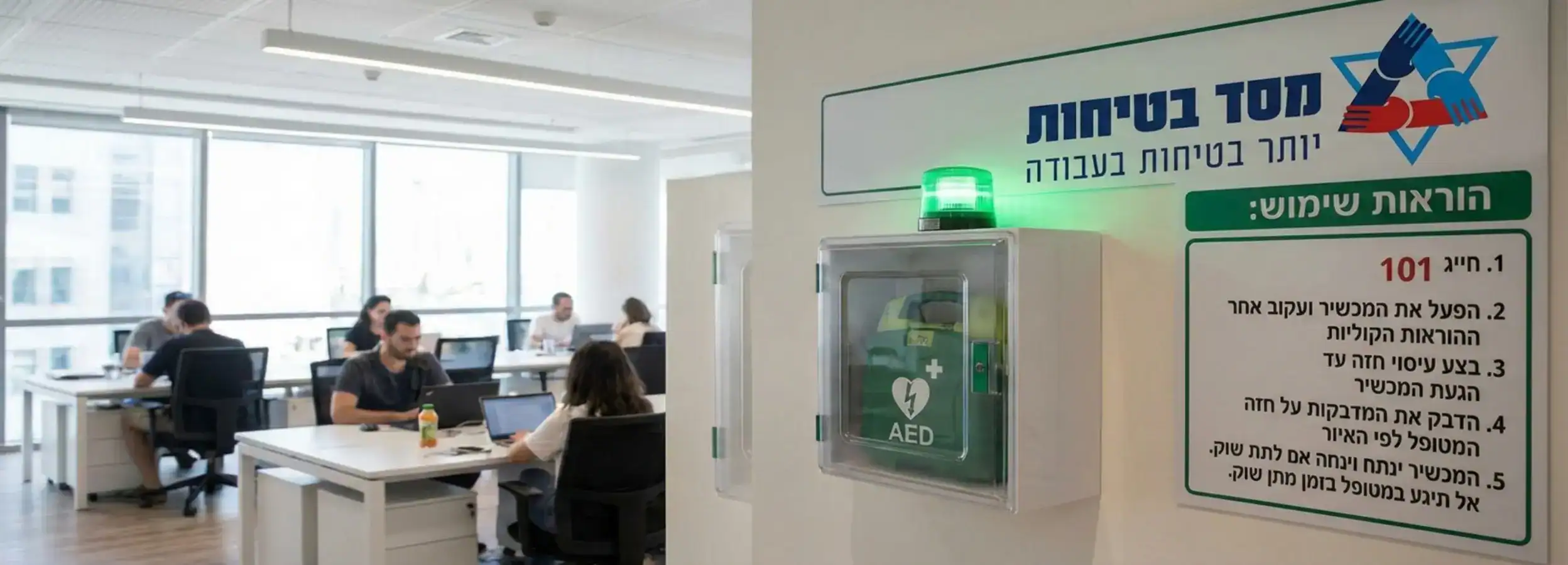 תמונה של מכשיר דפיברילטור מוצב על קיר במשרד עם שילוט בולט והוראות שימוש בעברית