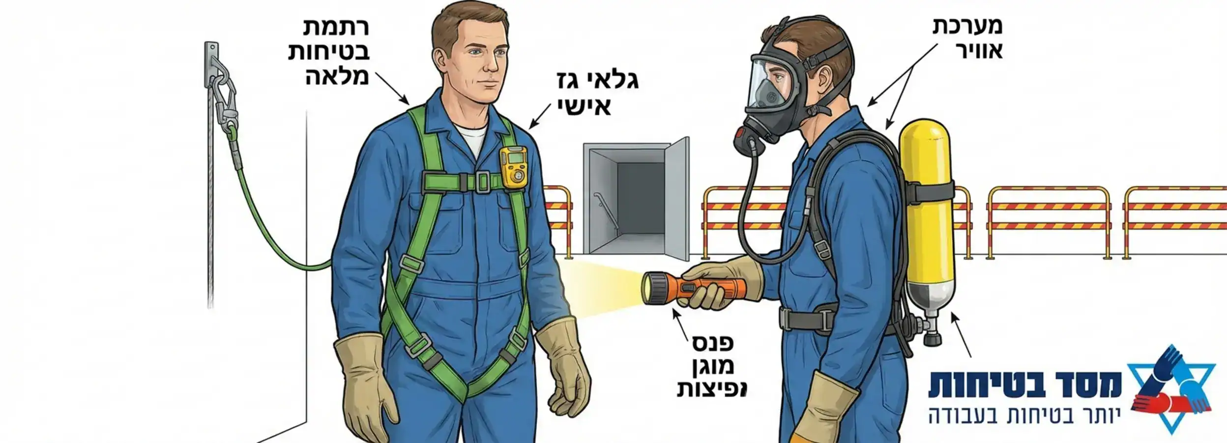 איור המדגים את הציוד המלא של עובד הנכנס לחלל מוקף: רתמה, גלאי גז אישי על הדש, פנס מוגן נפיצות, ומערכת אספקת אוויר