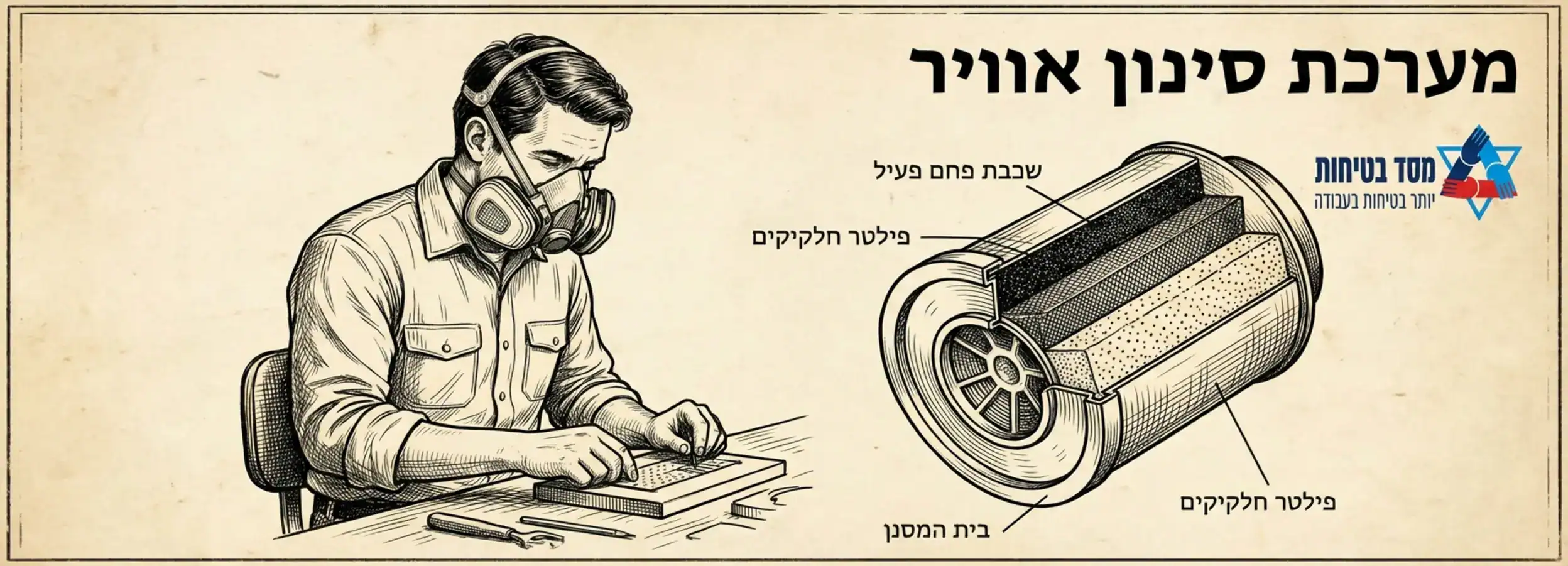 איור המראה עובד חובש מסכת חצי פנים עם פילטרים כפולים, ולצידו תרשים של הפילטר עם שכבות הסינון השונות