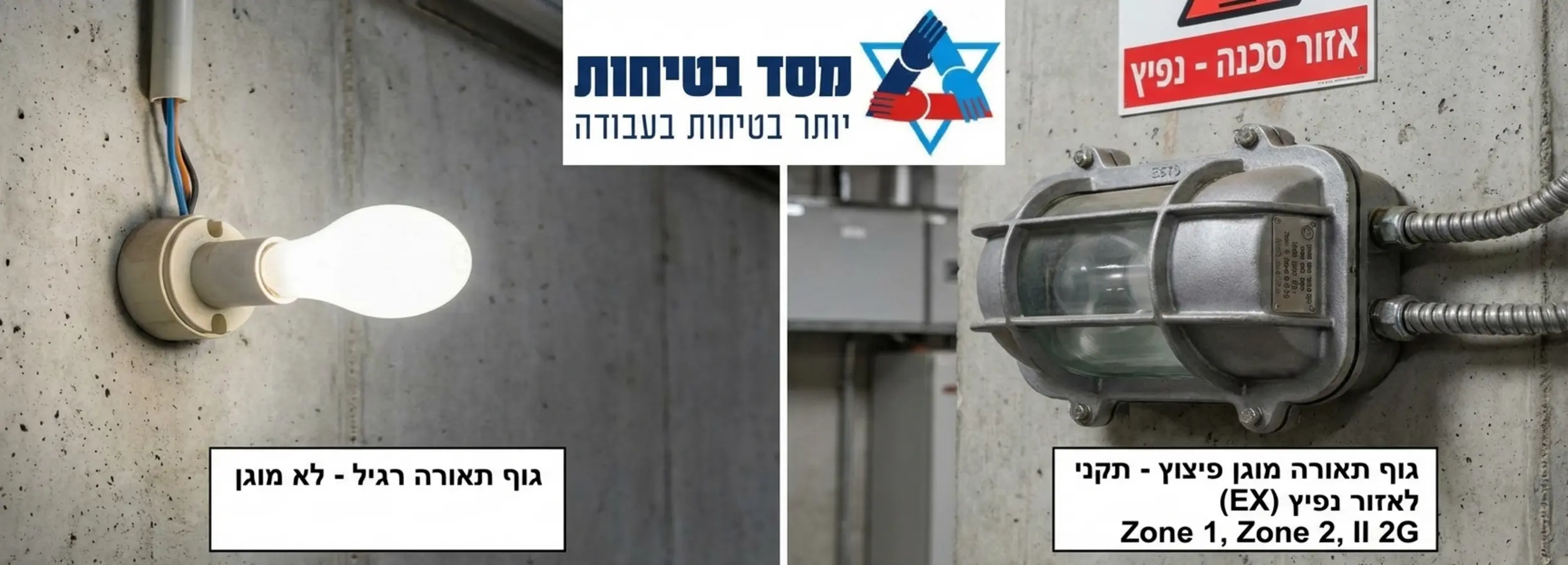 צילום השוואתי המציג גוף תאורה רגיל לעומת גוף תאורה מוגן פיצוץ אטום ומוקשח המיועד לאזור נפיץ עם סימון תקני בולט