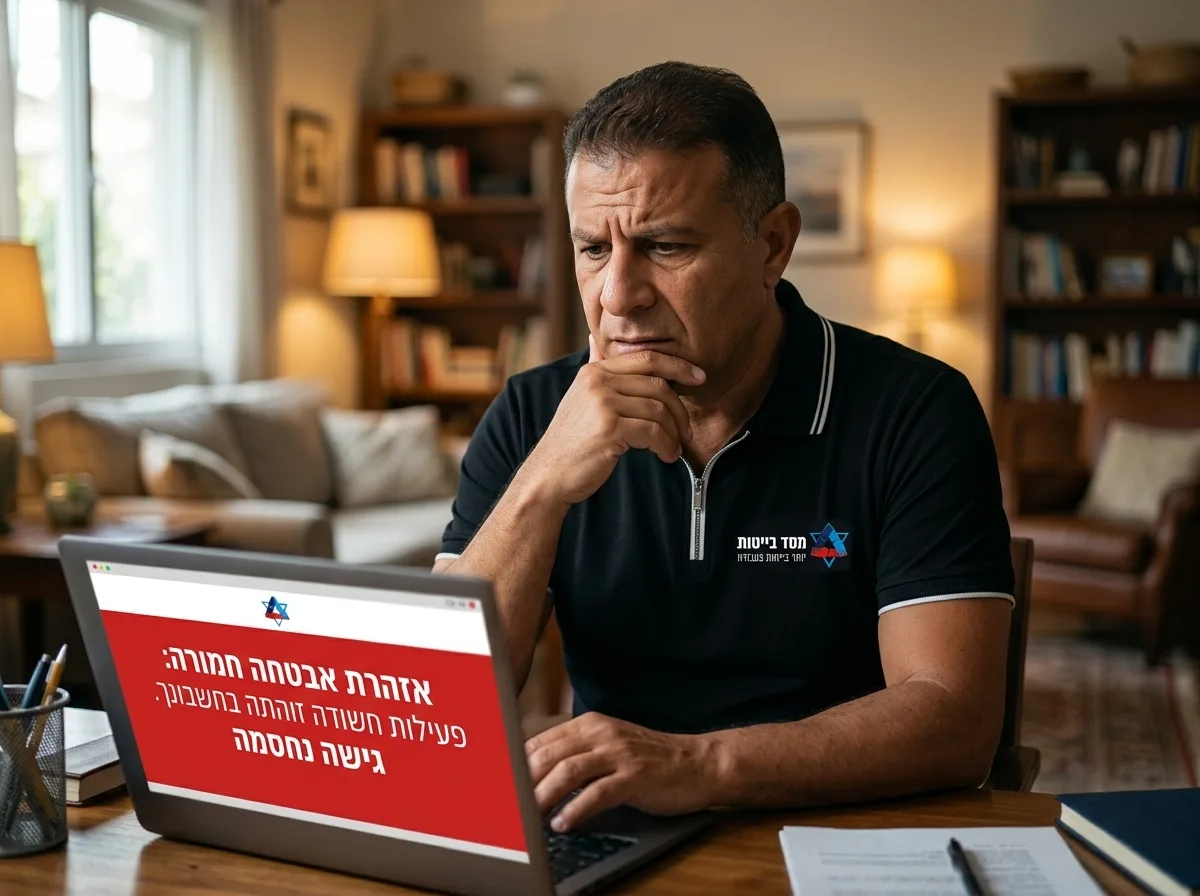 צילום ריאליסטי באווירה טבעית של עובד בבית מביט בדאגה במסך מחשב נייד המציג התראת אבטחה, יושב בסלון עם תאורה חמימה, משדר תחושת מתח ולחץ, פוקוס על העובד והמסך