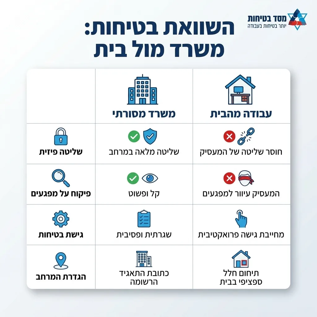 אינפוגרפיקה — השוואת בטיחות: משרד מול בית: השוואה בין משרד מסורתי, עבודה מהבית