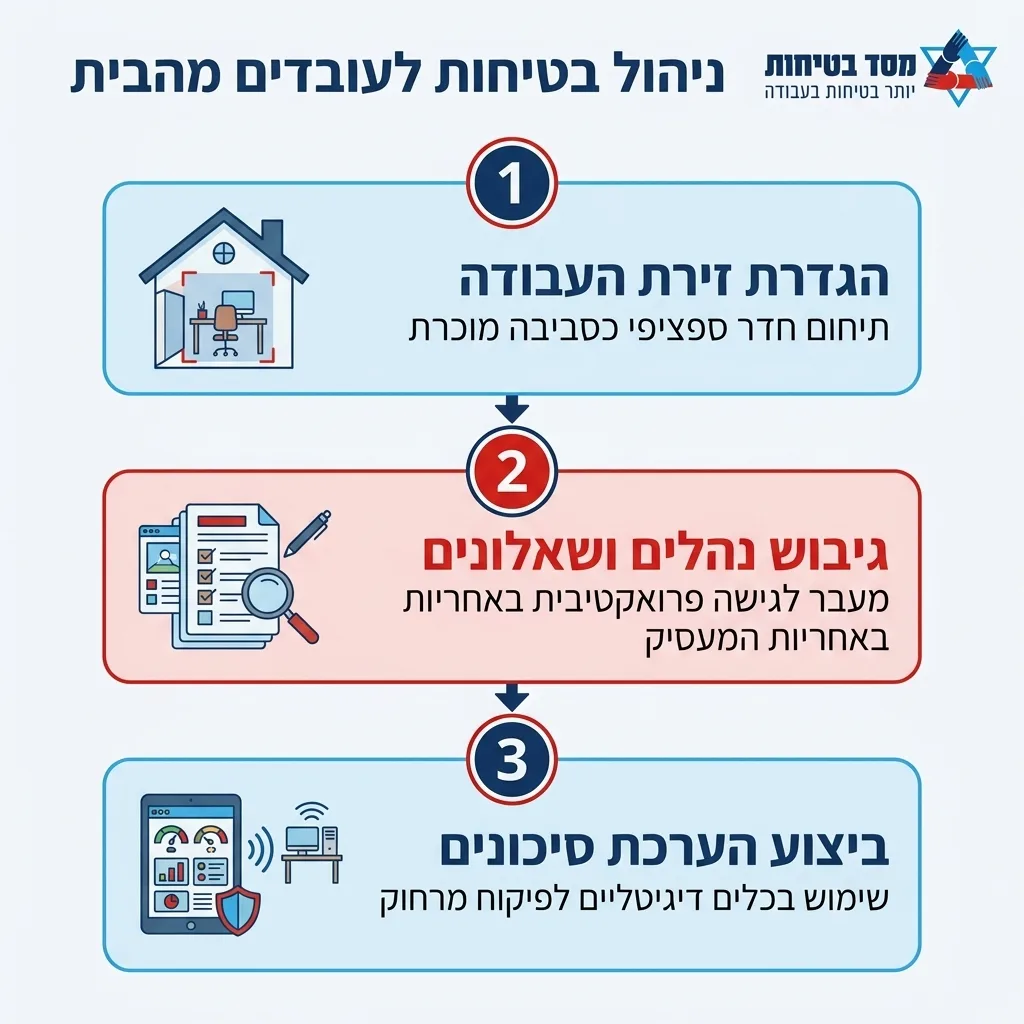 אינפוגרפיקה — ניהול בטיחות לעובדים מהבית: הגדרת זירת העבודה, גיבוש נהלים ושאלונים, ביצוע הערכת סיכונים